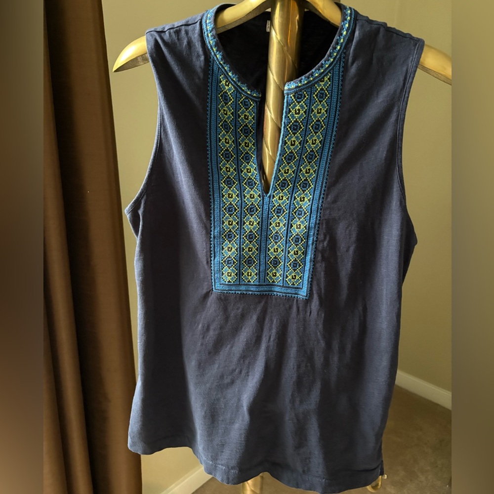 J Crew Factory Embroidered Navy Blue Sleeveless Top